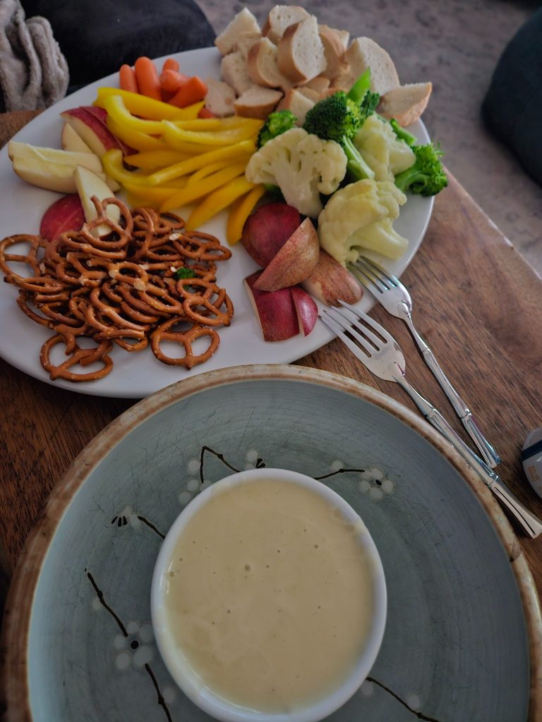 A big plate of pretzels, apple slices, bread cubes, cut up bell peppers, broccoli, and cauliflower next to a bowl of cheese dip.