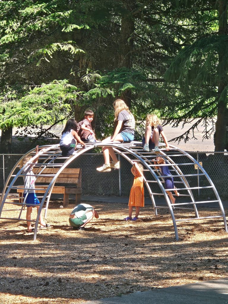 A group of children play on a metal climbing structure at an outdoor playground.